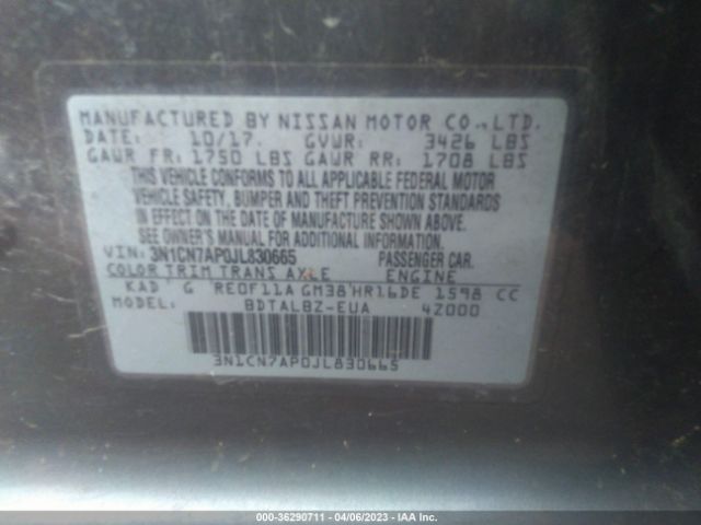 3N1CN7AP0JL830665 Nissan Versa Sedan Sv