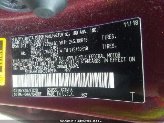 Toyota Highlander Le 2019 5TDBZRFH0KS940914 Image 10