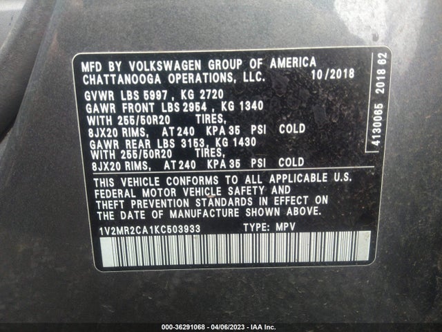 1V2MR2CA1KC503933 Volkswagen Atlas 3.6l V6 Sel