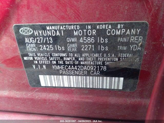 2013 HYUNDAI SONATA HYBRID LIMITED VIN: KMHEC4A42DA092178