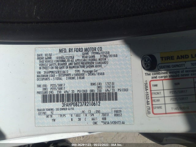 2007 FORD FUSION SEL VIN: 3FAHP08Z37R210612