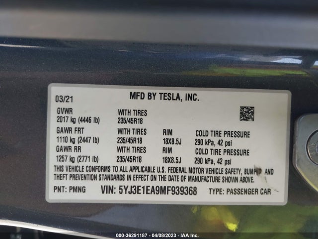 Tesla Model 3 Standard Range Plus 2021 5YJ3E1EA9MF939368 Image 9