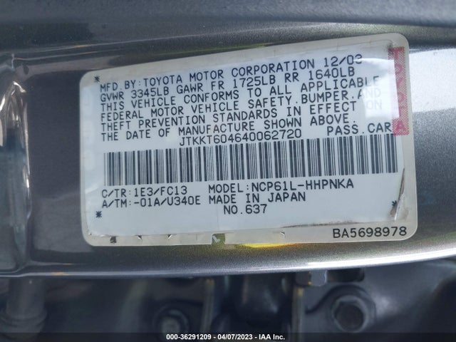 2004 SCION XA VIN: JTKKT604640062720