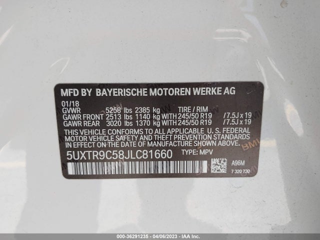 BMW X3 Xdrive30i 2018 5UXTR9C58JLC81660 Image 9
