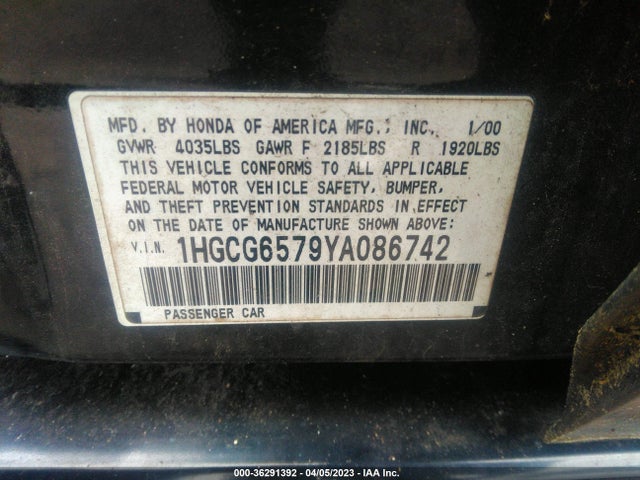 2000 HONDA ACCORD SDN EX VIN: 1HGCG6579YA086742