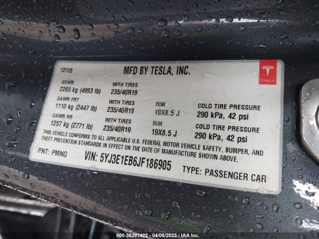 2018 TESLA MODEL 3 LONG RANGE VIN: 5YJ3E1EB6JF186905