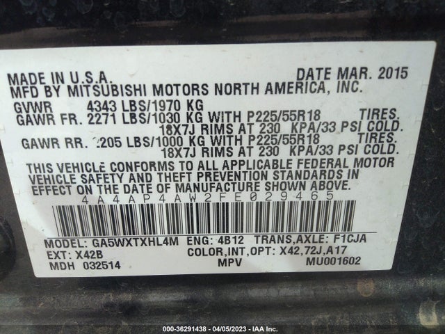 4A4AP4AW2FE029465 Mitsubishi Outlander Sport 2.4 Gt
