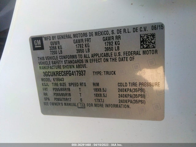2015 CHEVROLET SILVERADO 1500 2LT VIN: 3GCUKREC6FG417937