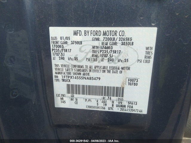 2005 FORD F-150 XLT/FX4/LARIAT/XL VIN: 1FTPX14555NA85479