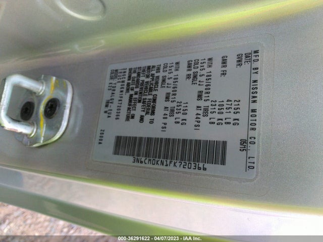 2015 NISSAN NV200 SV VIN: 3N6CM0KN1FK720366