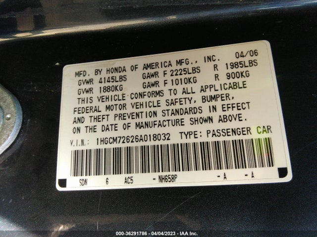 2006 HONDA ACCORD CPE EX-L VIN: 1HGCM72626A018032