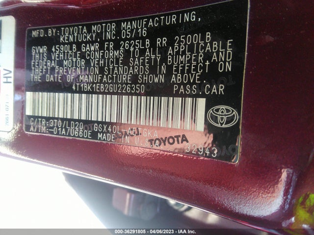 2016 TOYOTA AVALON XLE VIN: 4T1BK1EB2GU226350