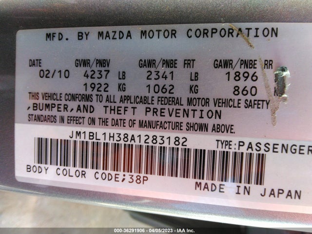 2010 MAZDA MAZDA3 MAZDASPEED3 SPORT VIN: JM1BL1H38A1283182