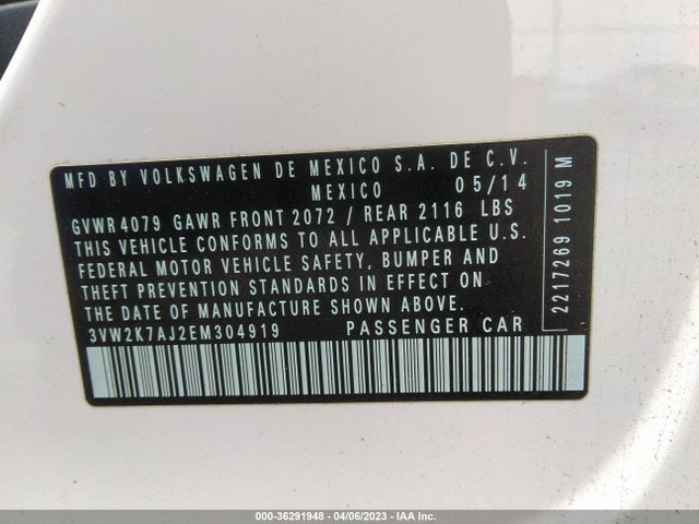 2014 VOLKSWAGEN JETTA SEDAN S VIN: 3VW2K7AJ2EM304919
