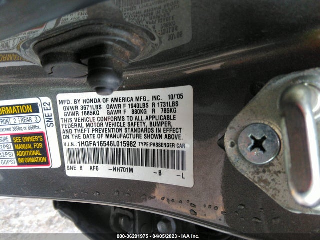 2006 HONDA CIVIC SDN LX VIN: 1HGFA16546L015982