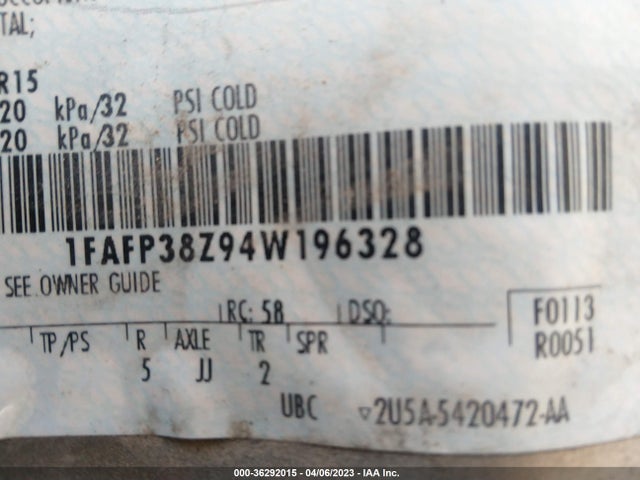 2004 FORD FOCUS ZTS VIN: 1FAFP38Z94W196328