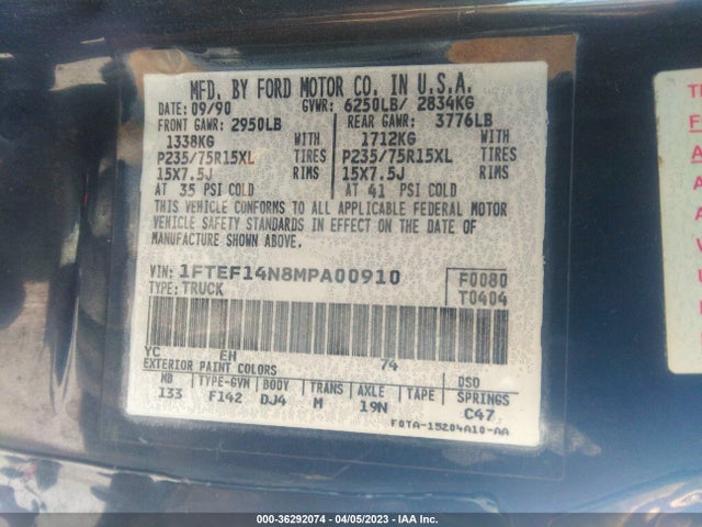 1991 FORD F150 VIN: 1FTEF14N8MPA00910