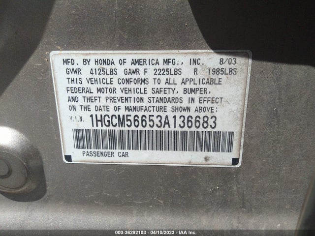 2003 HONDA ACCORD SDN EX VIN: 1HGCM56653A136683