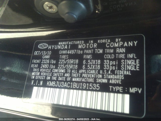 2011 HYUNDAI TUCSON LIMITED PZEV VIN: KM8JU3AC1BU191535