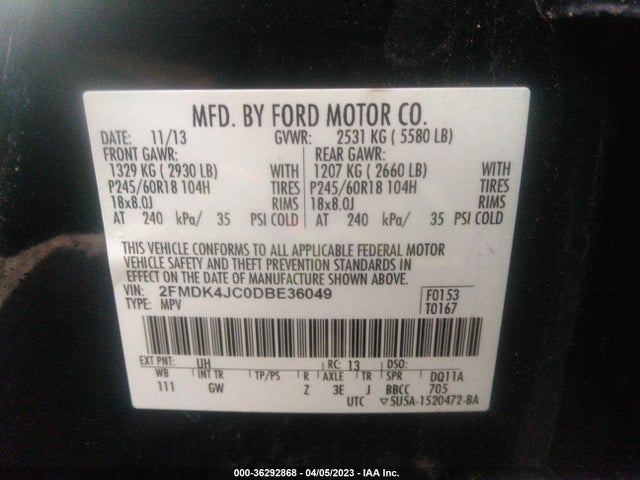 2013 FORD EDGE SEL VIN: 2FMDK4JC0DBE36049