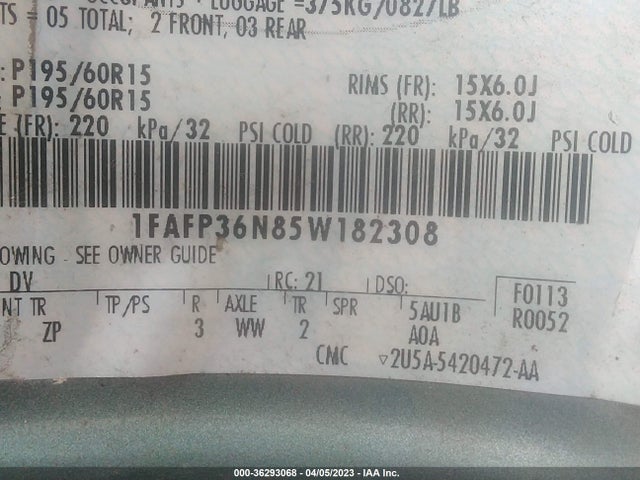 2005 FORD FOCUS SE/SES VIN: 1FAFP36N85W182308
