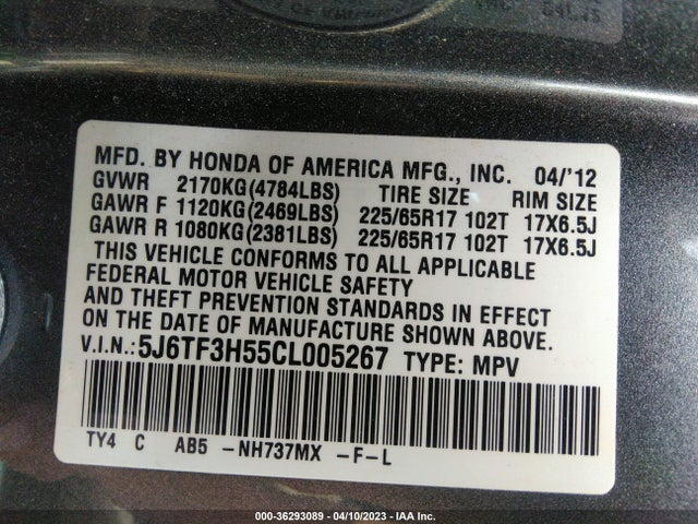 2012 HONDA CROSSTOUR EX-L VIN: 5J6TF3H55CL005267