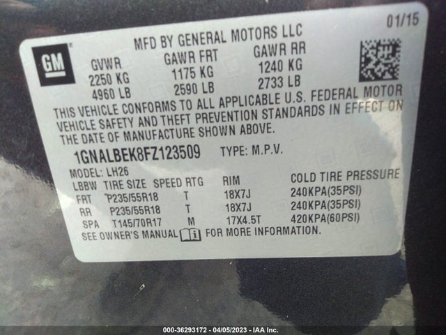 Chevrolet EQUINOX LT 2015 1GNALBEK8FZ123509 Image 9