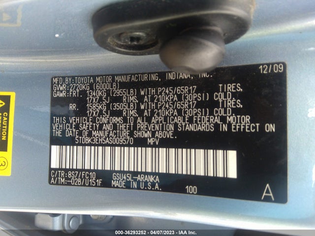 2010 TOYOTA HIGHLANDER BASE VIN: 5TDBK3EH5AS009570