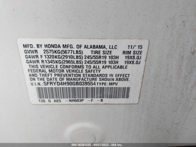 5FRYD4H90GB039554 Acura Mdx W/advance/w/advance