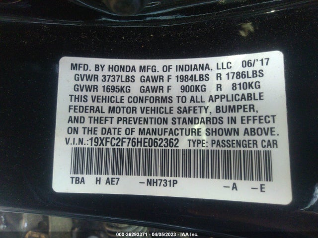 Honda Civic Sedan Ex 2017 19XFC2F76HE062362 Image 9