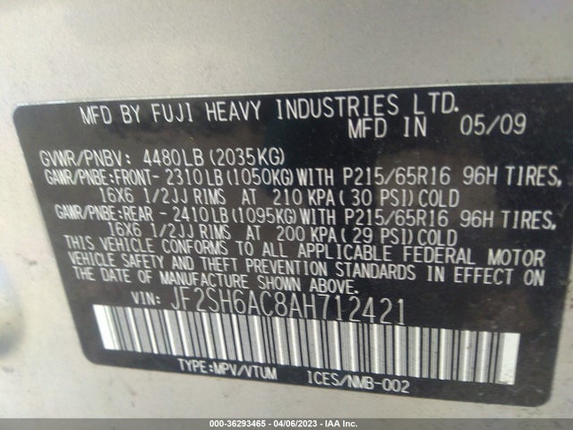 2010 SUBARU FORESTER 2.5X VIN: JF2SH6AC8AH712421