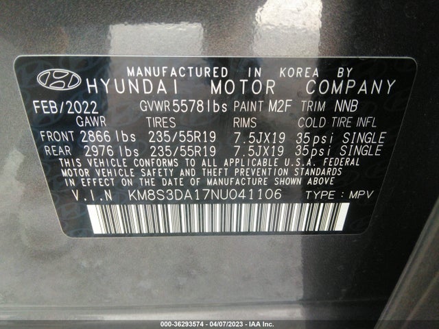 2022 Hyundai Santa Fe, VIN: KM8S3DA17NU041106