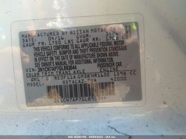 3N1CN7AP7GL893044 Nissan Versa S Plus