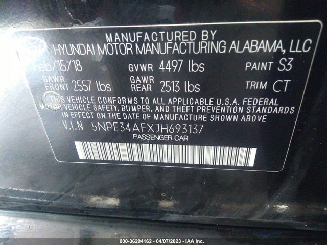 2018 HYUNDAI SONATA SPORT VIN: 5NPE34AFXJH693137