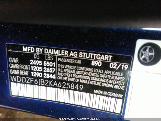 2019 MERCEDES-BENZ E-CLASS E 450 VIN: WDDZF6JB2KA625849