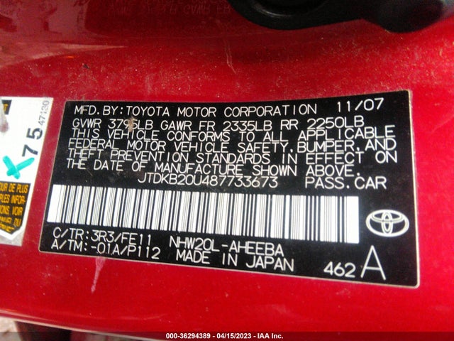2008 TOYOTA PRIUS VIN: JTDKB20U487733673
