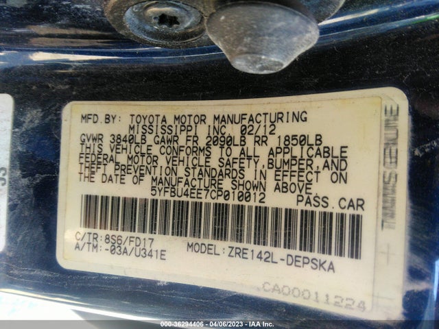 2012 TOYOTA COROLLA L/LE/S VIN: 5YFBU4EE7CP010012