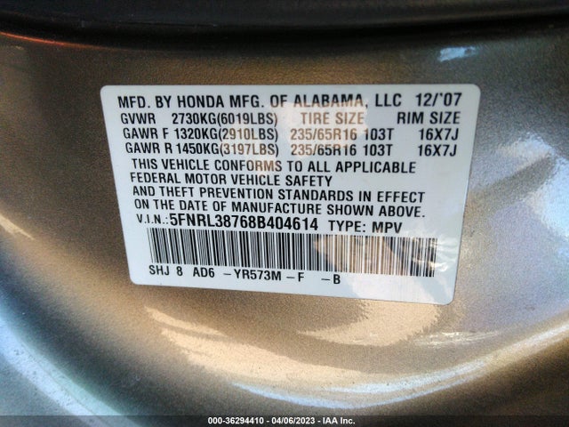 2008 HONDA ODYSSEY EX-L VIN: 5FNRL38768B404614