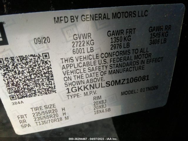 1GKKNULS0MZ106081 GMC ACADIA SLT
