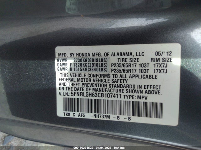 36294522 :رقم المزاد ، 5FNRL5H63CB107411 vin ، 2012 Honda Odyssey Ex-l مزاد بيع