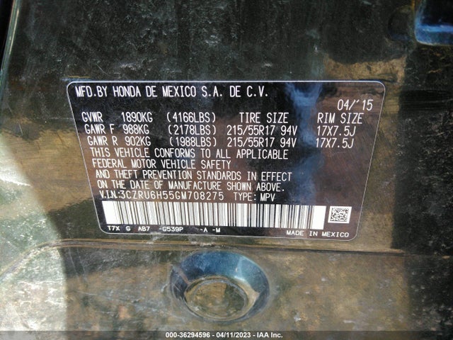 Honda HR-V EX 2016 3CZRU6H55GM708275 Image 10