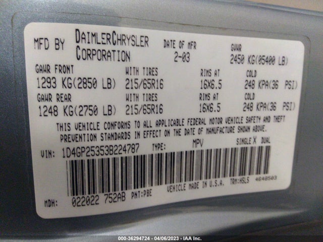 2003 DODGE CARAVAN SE VIN: 1D4GP25353B224787
