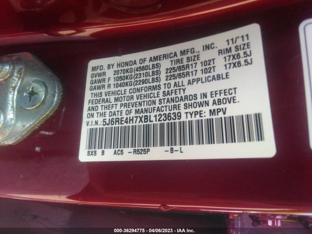 36294775 :رقم المزاد ، 5J6RE4H7XBL123639 vin ، 2011 Honda Cr-v Ex-l مزاد بيع