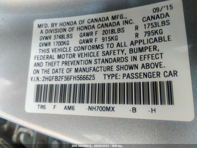 2015 HONDA CIVIC SEDAN LX VIN: 2HGFB2F56FH566625