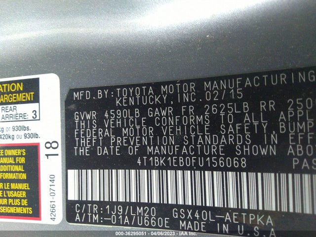 2015 TOYOTA AVALON LIMITED VIN: 4T1BK1EB0FU156068