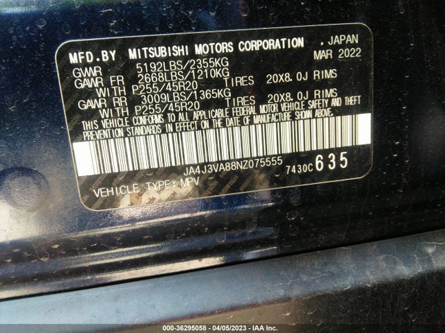 JA4J3VA88NZ075555 Mitsubishi Outlander Sel