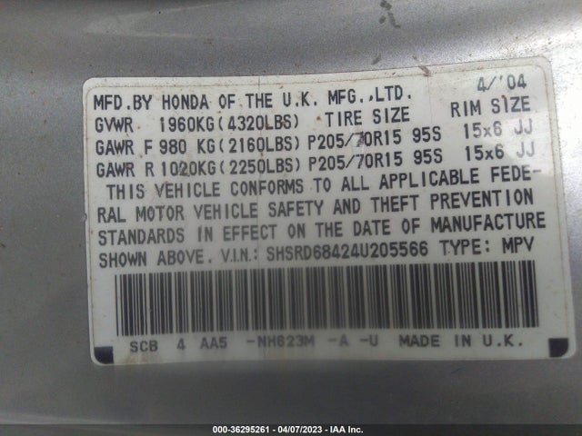 2004 HONDA CR-V LX VIN: SHSRD68424U205566
