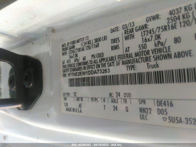 2013 FORD ECONOLINE CARGO VAN COMMERCIAL/RECREATIONAL VIN: 1FTNE2EW1DDA73263