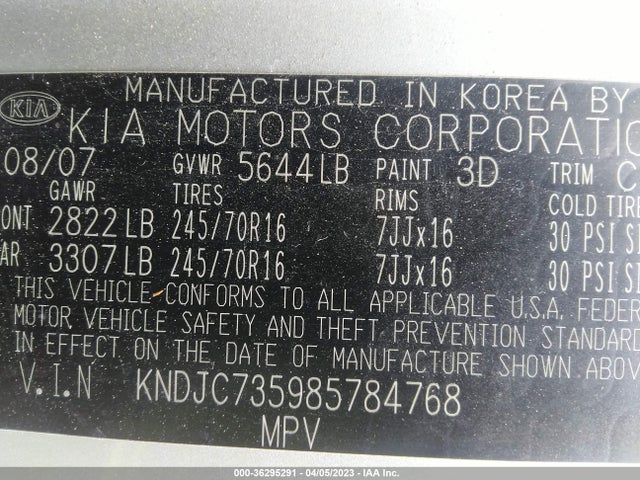2008 KIA SORENTO LX VIN: KNDJC735985784768
