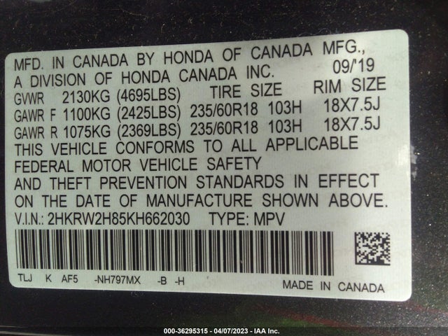 Honda Cr-v Ex-l 2019 2HKRW2H85KH662030 Image 9